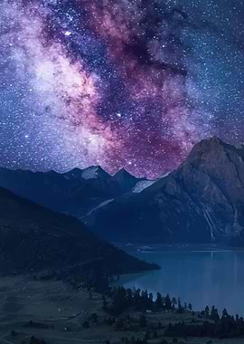 Starry Night Over Mountains and Lake