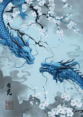 Two Blue Dragons and Cherry Blossoms