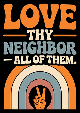 Love Thy Neighbor Poster, Retro 70s Rainbow Peace Sign Wall Art, Bold Typography Print