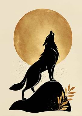 Wolf Howling at Golden Moon