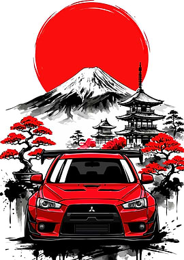 Red Mitsubishi Evo with Mount Fuji