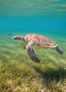 Sea Turtle Swimming Over Seagrass