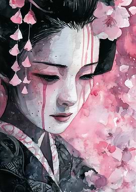 Watercolor Geisha with Cherry Blossoms