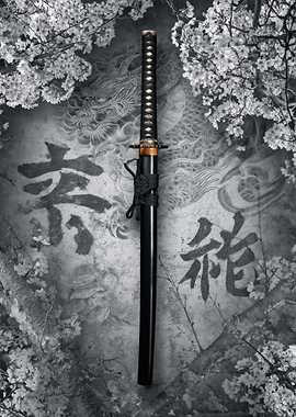 Katana Sword with Dragon and Cherry Blossoms