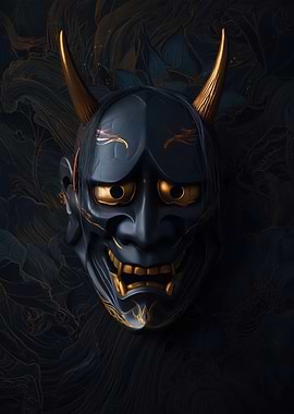 Japanese Oni Mask with Gold Accents