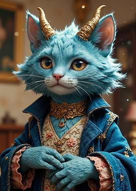 Fantasy Blue Cat with Horns and Regal Attire