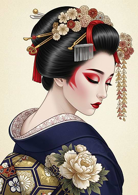 Geisha with Elaborate Hair and Kimono