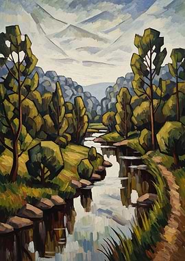 Cubist Landscape Painting of a River
