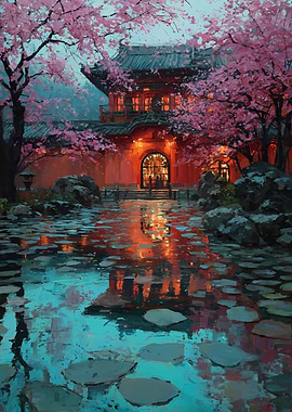 Japanese Temple Garden at Dusk