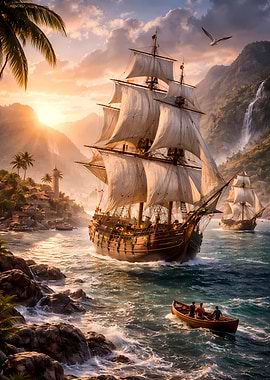 Pirate Ship Sailing Near Tropical Island