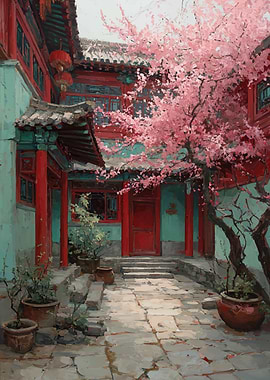 Courtyard with Cherry Blossoms and Red Architecture
