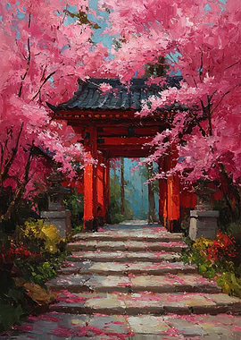 Torii Gate Under Cherry Blossoms
