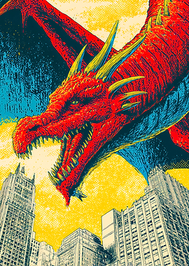 Giant red dragon above skyscrapers