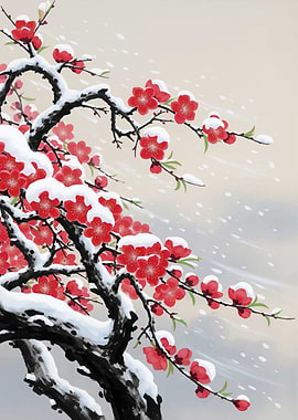 Snow-Covered Cherry Blossoms in Bloom