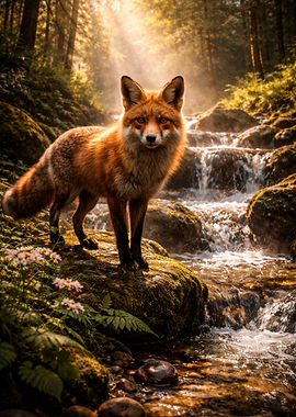 Fox by a Forest Stream