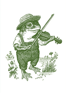 Frog playing violin in overalls