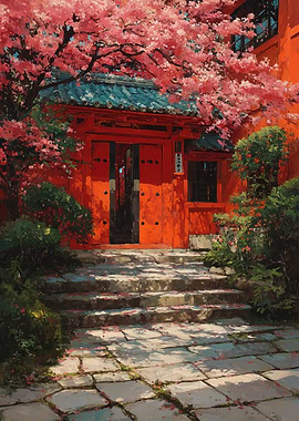 Japanese Temple Entrance with Cherry Blossoms