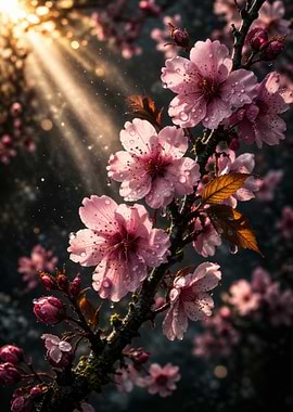 Cherry Blossoms with Raindrops and Sunlight