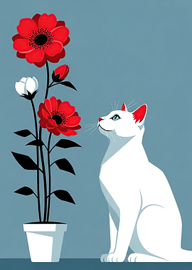 White Cat Admiring Flowers