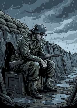 Soldier in a Trench During Rain