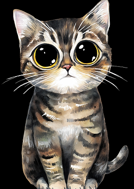 Cute Watercolor Cat with Big Eyes