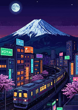 Pixel Art Train in Japanese City at Night
