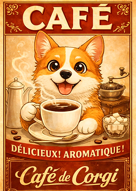 Cute Corgi Enjoying Coffee