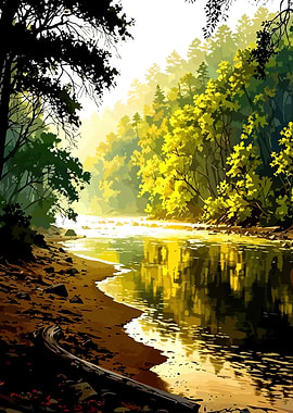 Sunlit Forest River Landscape