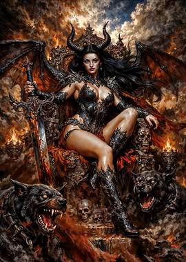 Demon Queen Lilith on Throne with Sword and Wolves