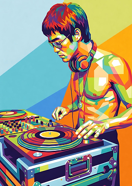 DJ Playing Music with Colorful Artwork