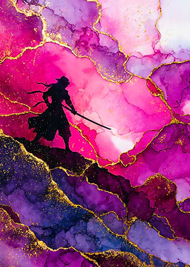 Samurai Warrior Silhouette Purple Pink