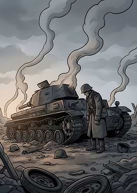 Soldier and destroyed tank