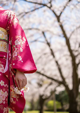 Woman in Pink Kimono Holding Cherry Blossoms