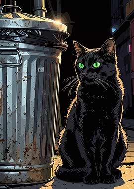 Black Cat by Trash Can