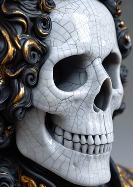 Ornate Skull Bust with Baroque Wig