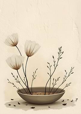 Minimalist Bowl with Dried Poppies | Neutral Floral Wabi Sabi