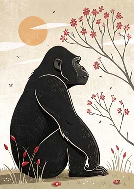 Gorilla Sitting Under Cherry Blossoms