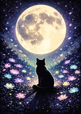 Black Cat Under a Full Moon