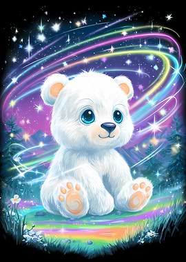 Cute Polar Bear Under Rainbow Stars