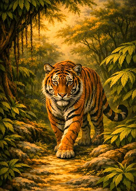 Bengal Tiger Walking In A Lush Tropical Forest