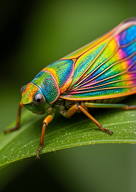 Rainbow Cicada on Green Leaf