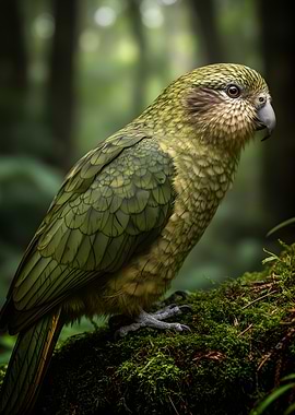 Green Parrot on Mossy Branch