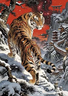 Tiger in a Snowy Japanese Landscape