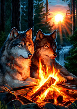 Wolves by a Campfire at Sunset