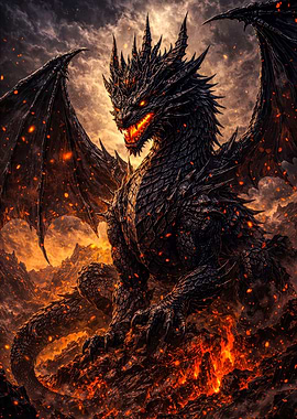 Black Dragon in Fiery Landscape