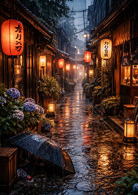 Rainy Alley with Japanese Lanterns