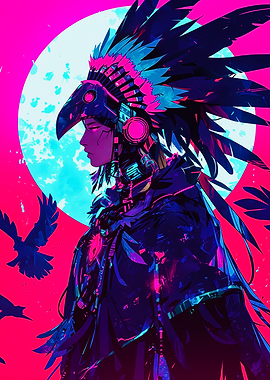 Neon Cyberpunk Tribal Warrior Illustration