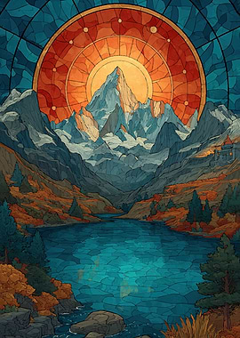 Stained Glass Mountain Landscape