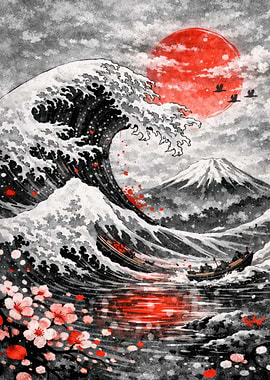 Great Wave with Red Sun and Cherry Blossoms