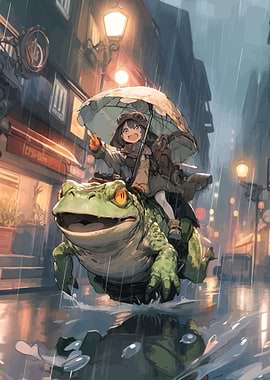 Girl Riding a Frog in the Rain